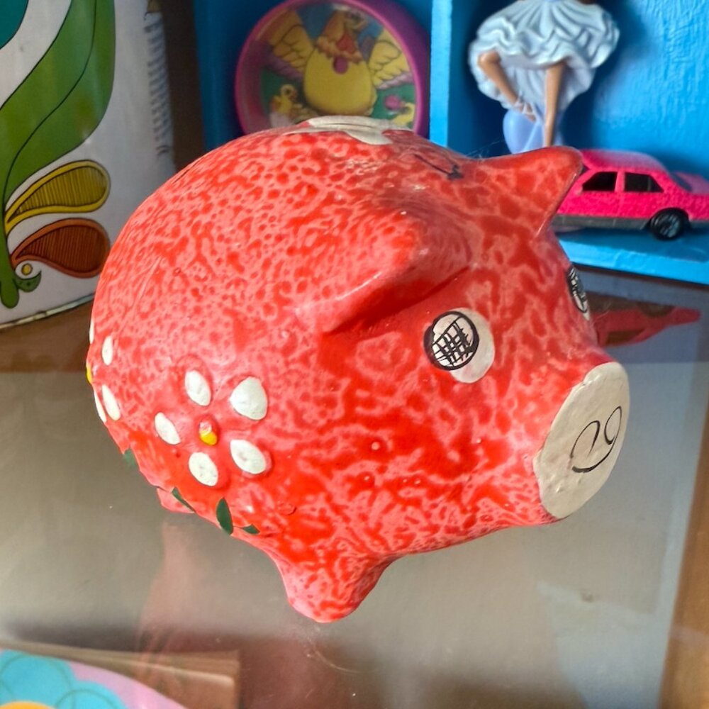 Vintage Ceramic Piggy Bank Red with Flowers & Butterfly